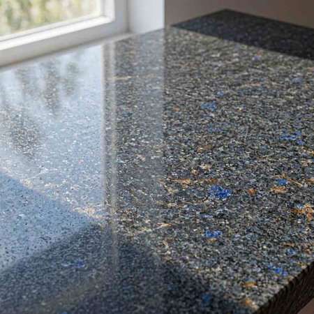 Close up of granite countertop in a modern kitchen, selective focus
