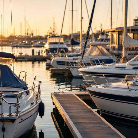 Luxury yachts and boats moored in a marina at sunset