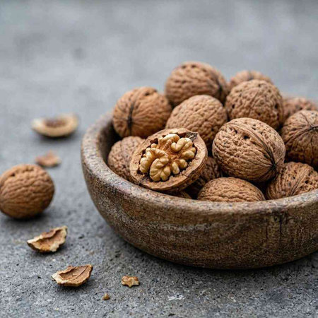 Fresh walnuts in a wooden bowl on a gray stone background.