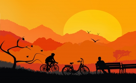 Illustration of a rural landscape background with silhouette of man sitting on bench and cyclistの写真素材