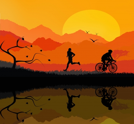 Illustration of a rural landscape background and reflection on calm lake with silhouette of man running and cyclistの写真素材