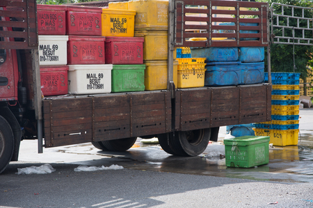 JERTIH, MALAYSIA - FEBRUARY 3RD, 2018. Boxes that contain fish. These boxes that contain fish wil be buy by hawker for them to sell it at the night market.のeditorial素材