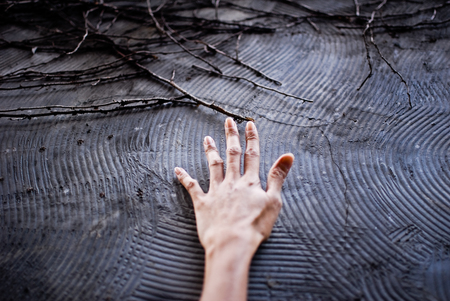 Hand on textured wallの写真素材