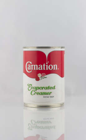 Penang, Malaysia - May 1 2020: Carnation evaporated creamer in isolated white backgroundのeditorial素材