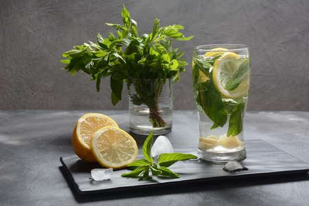 Water detox with lemon and fresh mint. Cold  lemonade