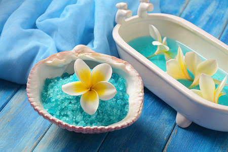 Spa and body care products.   Dead Sea salt for bath . Natural ingredients for homemade body salt scrub. Dead Sea cosmetics. Beauty skin care. Spa treatment. Aromatherapyの写真素材