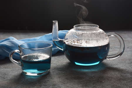 Blue Butterfly Pea Tea from flowers Clitoria ternatea plant or Asian pegion wings . Detox, antioxidant, anti-stress, anti- ageing beverage popular in Thailand, Vietnam, Bali, Malaysia.の写真素材