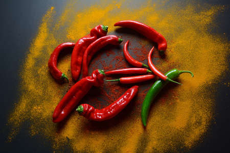 Fresh and dried chili peppers ,
Turmeric ( known as curcumin, Curcuma longa Linn) powder  Spices for...
