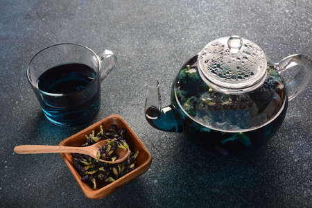 Healthy Blue Butterfly Pea Tea from flowers Clitoria ternatea plant or Asian pegion wings . Detox, antioxidant, anti-stress, anti- ageing beverage popular in Thailand, Vietnam, Bali, Malaysia.の写真素材