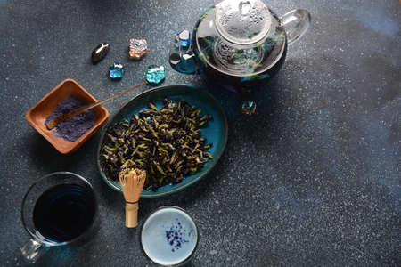 Healthy Blue Butterfly Pea Tea from flowers Clitoria ternatea plant or Asian pegion wings . Detox,...