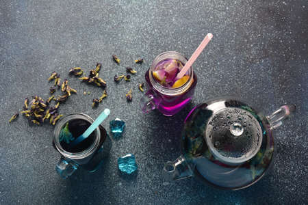 Healthy Blue Butterfly Pea Tea from flowers Clitoria ternatea plant or Asian pegion wings . Detox,...