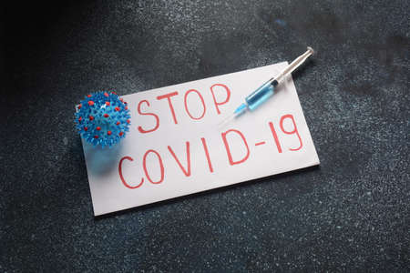 Vaccine for coronavirus 2019-nCoV. Photo of vaccine, medical injection and coronavirus. Stop coronavirus.の写真素材