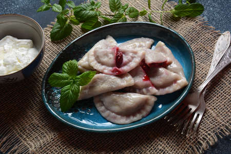 Dumplings with cherries,sour  cream and mint. Ukrainian, Russian and Belarusian cuisine. Healthy breakfastの写真素材