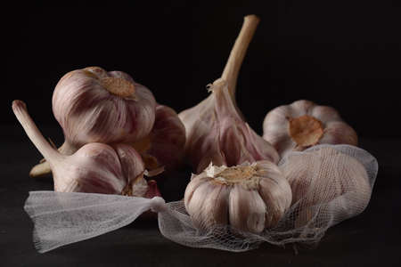 Fresh violet garlic bulbs  on a black backgroundの写真素材