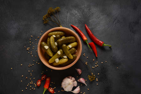Homemade small  cucumbers, fermented, salted or marinated pickles with garlic, chili and dillの写真素材