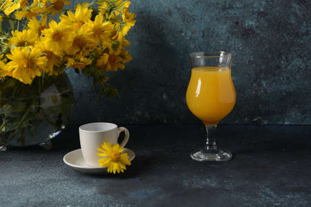 Cup of coffee and a Glass of orange juice. Summer conceptの写真素材