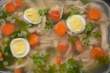 Home made aspic, jellied chicken meat with herbs and carrots. Traditional Russian dish holodets....