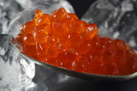 Red Caviar in a spoon on ice background. Close-up salmon caviar. Delicatessen