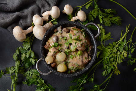 Fricassee - French Cuisine. Chicken stewed in a creamy sauce with mushrooms in casserole pan on a black tableの写真素材
