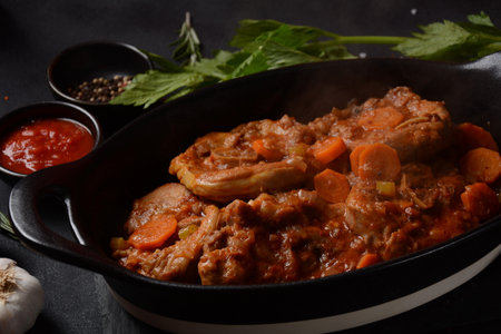 Ossobuco meat stew on the bone and vegetable sauce with carrots, tomatoes and celery in iron pan. Italian cuisineの写真素材