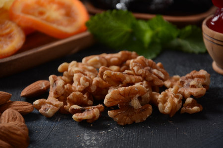 Mix of dried and sun-dried fruits,  in a wooden trays . View from above. Symbols of the Jewish holiday of Tu BiShvatの写真素材