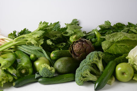 Assortment of fresh fruits and vegetables. Healthy food background. Shopping food in supermarketの写真素材