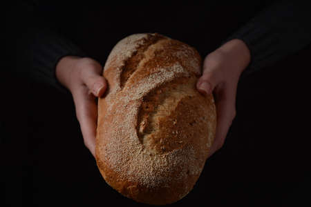 Brown fresh hot Rye bread in a tender girl's hands. Dark wall on a background, rustic photography