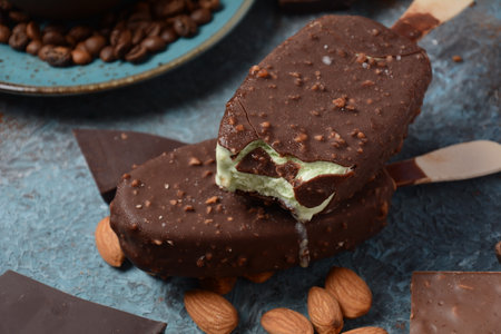Chocolate flavor ice cream, almonds, coffee beans, and tasty chocolate pieces .