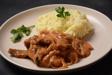 Traditional beef stroganoff in a ceramic white plate with mashed potatoesの写真素材