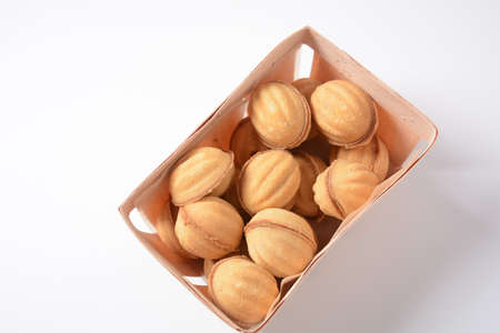 Cookies "Nuts" with condensed milk and nuts. Fresh homemade cookies in a shape of nutsの写真素材