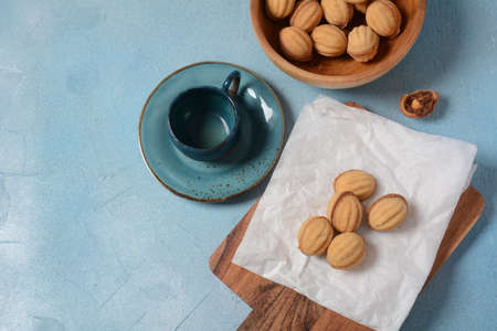 Cookies "Nuts" with condensed milk and nuts. Fresh homemade cookies in a shape of nutsの写真素材