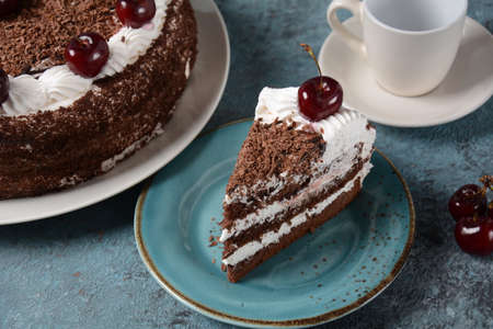 Black forest cake, Schwarzwald pie, dark chocolate and cherry dessert . Black forest cake decorated...