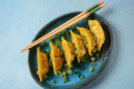Japanese dumplings Gyoza with chicken and vegetables, soy sauce and green onions
