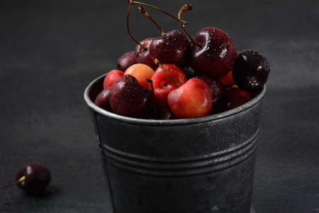 Yellow and red sweet cherries. Fresh ripe sour cherries. Fresh sweet cherries bowl  in water drops...