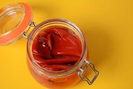 Delicious sweet red pepper pickles. Preserved, marinated red sweet peppers