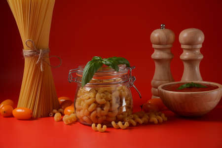 Italian pasta concept. Various uncooked pasta