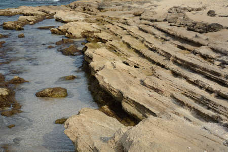 Scenic view of rocky Mediterranean coast. Peaceful bay  in northern Israel.の写真素材