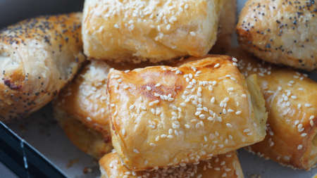 Burekas with cheese and mushrooms, potato. Israeli Savory Pastries.