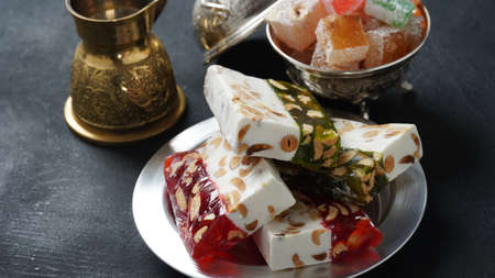 Assorted Turkish delights Rahat lokum. Colorful cubes of Turkish delights. Ramadan bayrami (eid al...