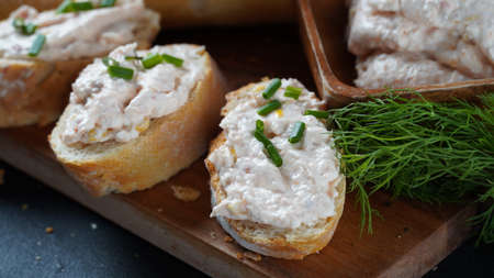 French baguette with or Sandwiches with smoked salmon and soft cream cheese pate or mousse