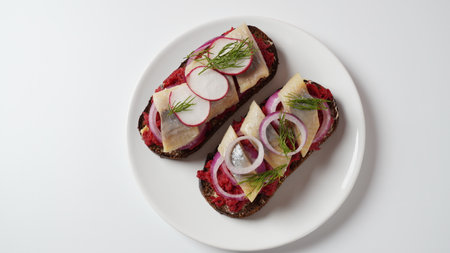 Danish open sandwich Smorrebrod on dark rye bread with herring, salmon, beetroot, red onions, and radish
