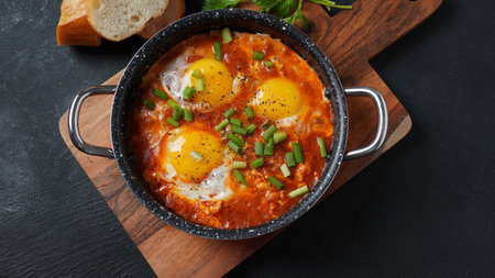 Shakshouka, eggs poached in sauce of tomatoes, olive oil, peppers, onion and garlic, Mediterranean cuisineの写真素材