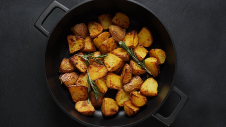 Baked, fried  cut potato  with spices and rosemaryの写真素材
