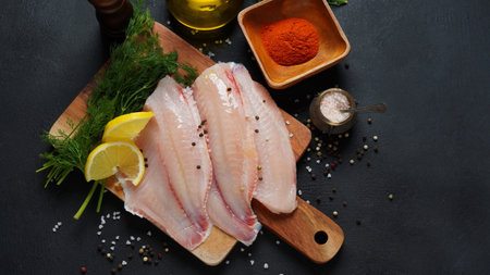 Fresh red tilapia fish fillet sliced for steak or salad with herbs spices and lemon