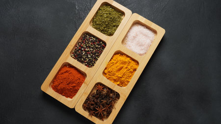 Trays with bright oriental spices and seasonings