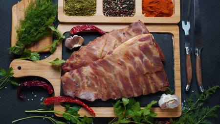Two racks of smoked pork ribs with spices and herbsの写真素材