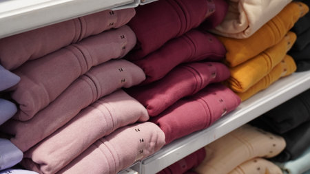 Stack of cloth different colors and sizes on the shelves in a clothes store