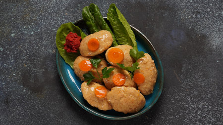 Gefilte fish with carrots, lettuce, horse radish. Passover traditional Jewish food - celebration...
