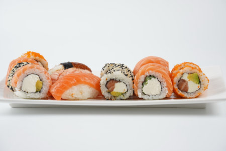 Japanese traditional Cuisine - Set of Nigiri sushi and sushi rollsの写真素材