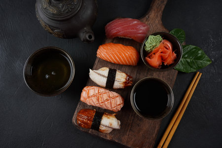 Japanese traditional Cuisine - Set of Nigiri sushi topped with  sake(Salmon), Maguro (Tuna), Unagi(Freshwater Eel)の写真素材